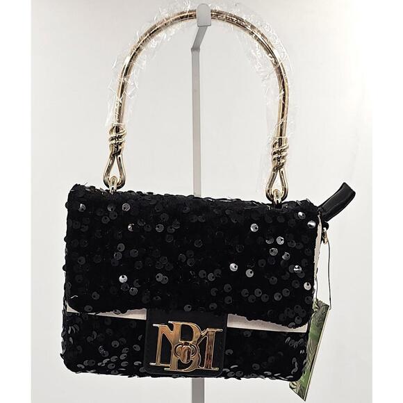 Badgley Mischka Sparkly Black Sequin Shoulder Bag with Chic Gold Handle - Picture 1 of 2